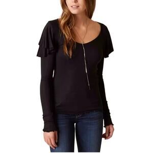 FREE PEOPLE On Rewind Jersey Black Knit Top Blouse Ruffle Long Sleeves V-Neck XS